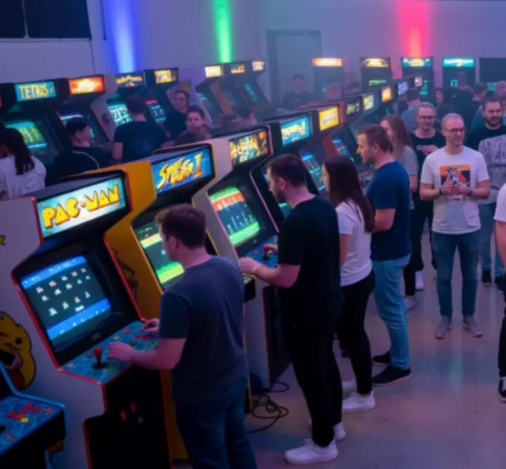 Nocne wydarzenie arcade w SCENA ZONE HUB z klasycznymi automatami i neonowym oświetleniem