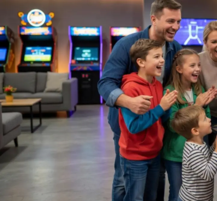 Rodzina grająca wspólnie na automacie arcade w SCENA ZONE HUB