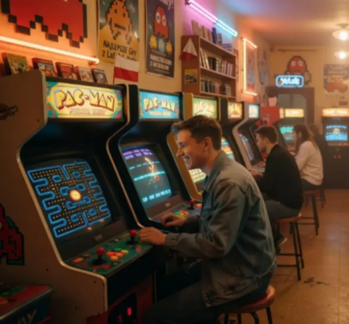 Wnętrze retro arcade z klasycznymi automatami do gier
