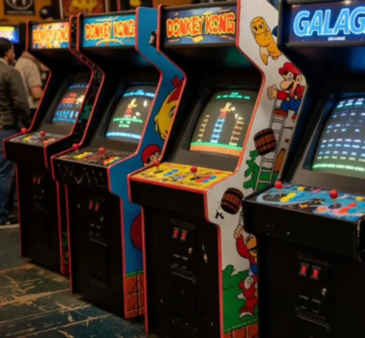 Rząd popularnych retro automatów arcade jak Donkey Kong, Galaga i Space Invaders