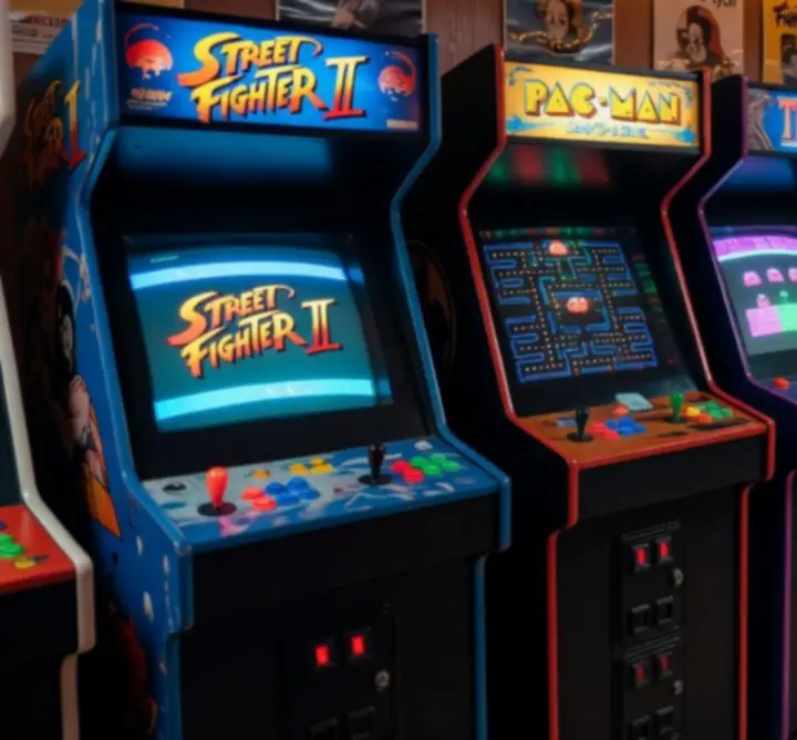 Rząd kolorowych retro automatów arcade w SCENA ZONE HUB