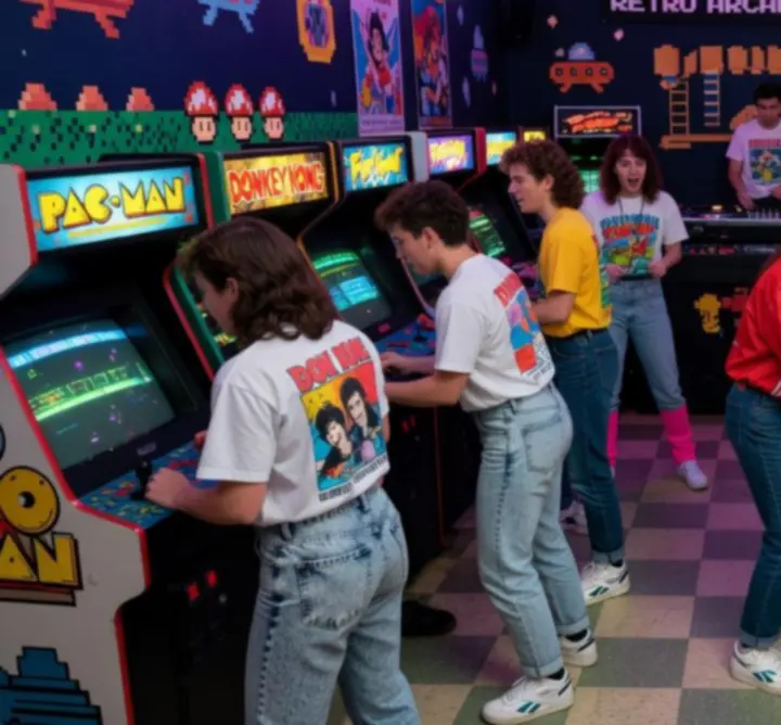 Wieczór Retro Gaming Night z klasycznymi automatami i neonowym światłem