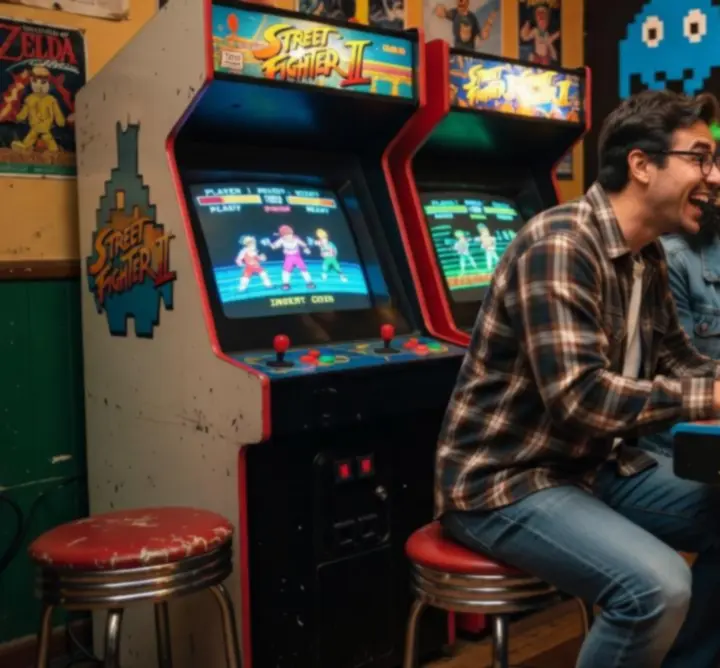 Grupa osób grających razem na automatach arcade